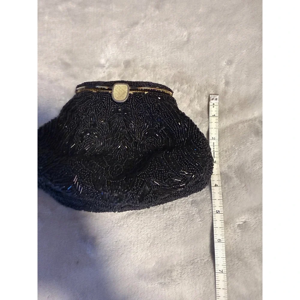 Vintage Black Beaded Evening‎ Clutch Purse Gold Frame Formal Bag